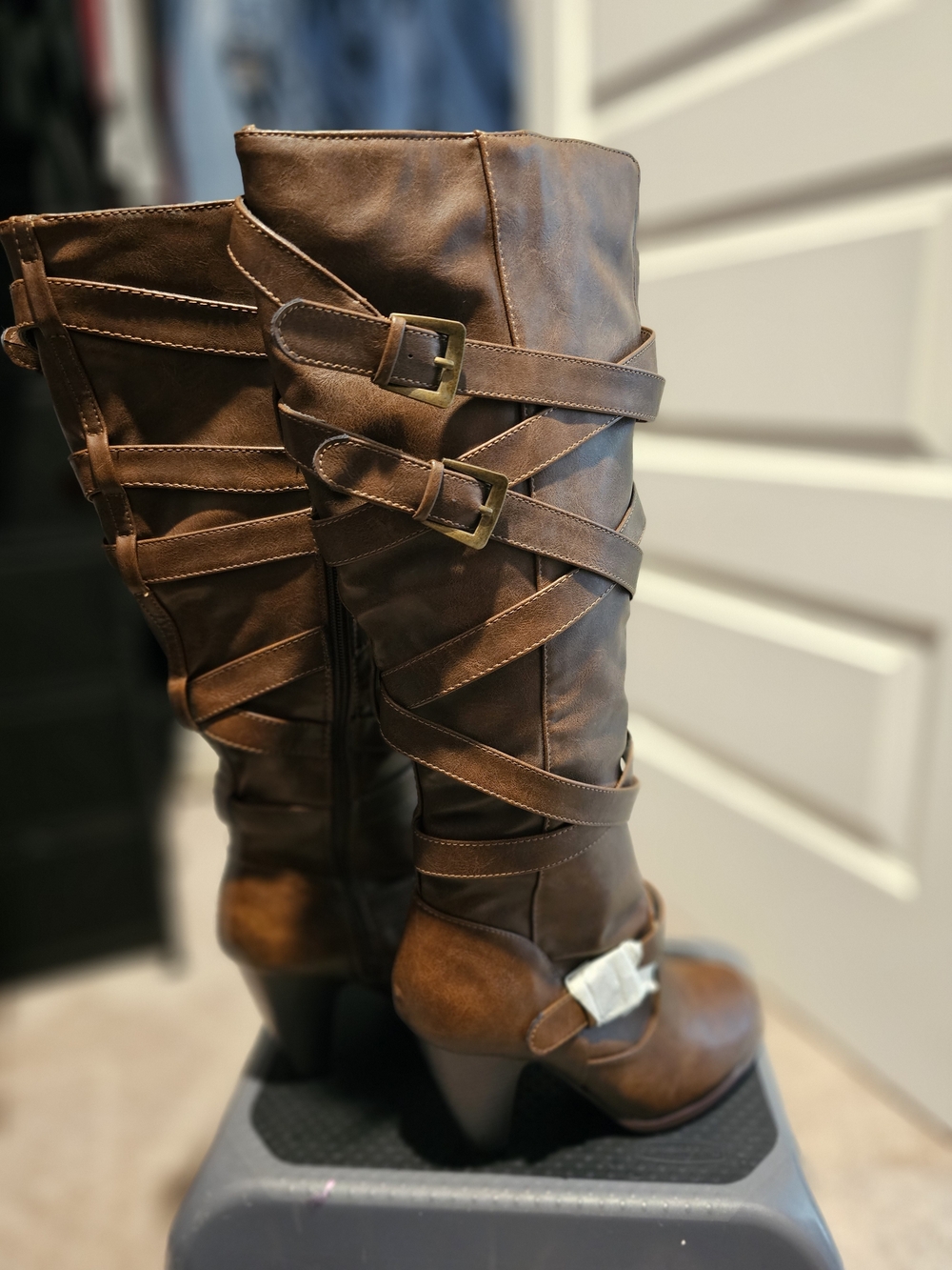 JustFab Brown Strappy Knee-High Heeled Boots